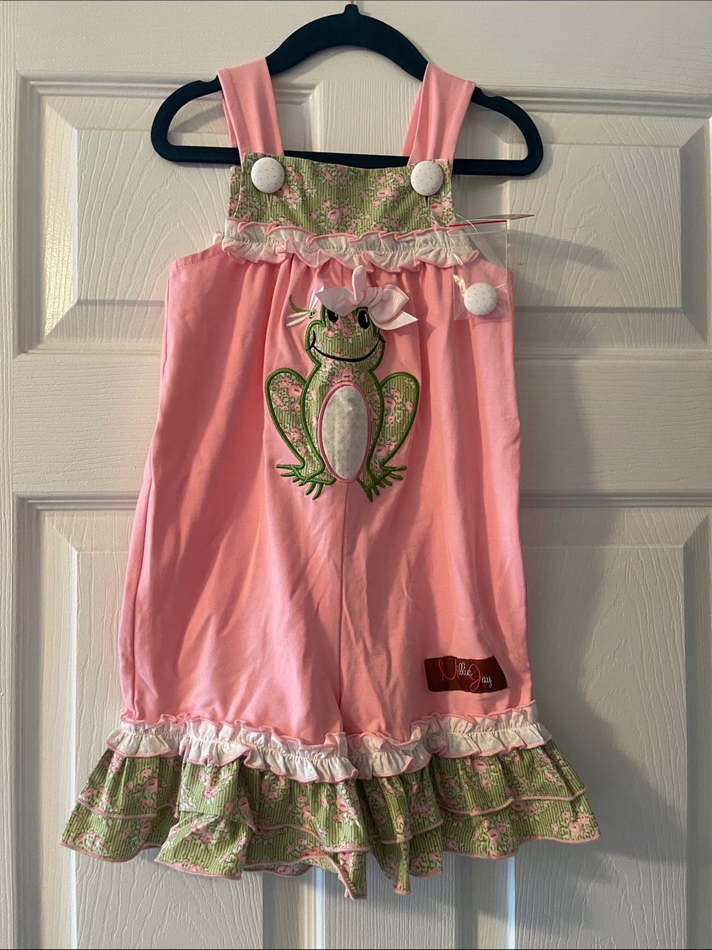 Girls Pink Frog Appliqué One-Piece Romper